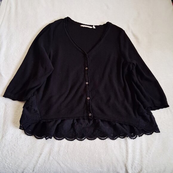Soft Surroundings Women's 1X Black Knit Tiered Lace Bottom Hem Boho Cardigan - Picture 2 of 12